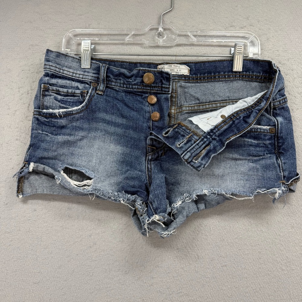 Free People Distressed Denim Shorts Womens Size 27 Cutoff Button Fly Jean Jorts